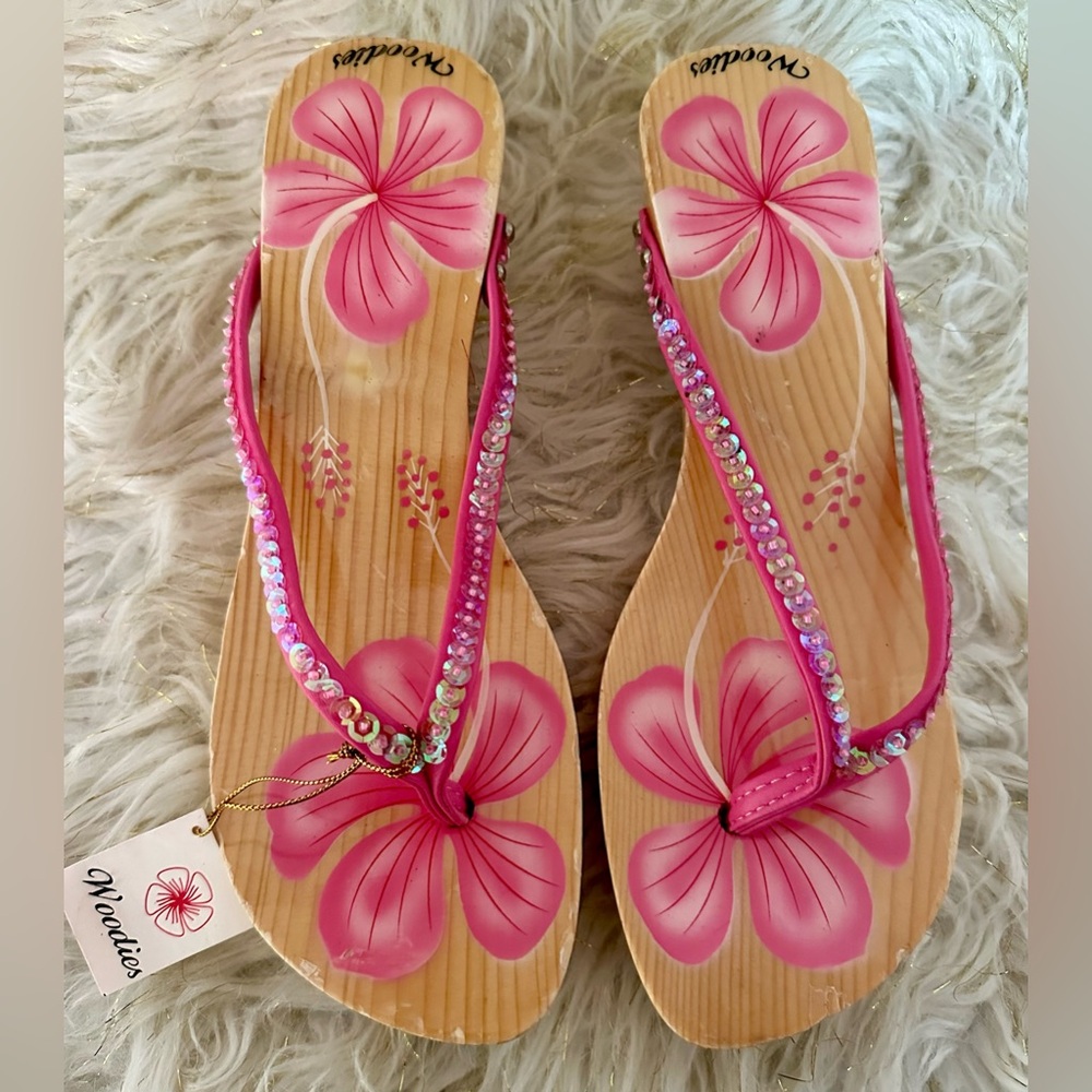 Pink Vintage Woodies Wooden Thong Floral Sandals – Size 8